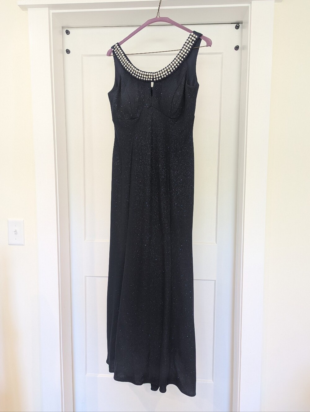 Navy Blue Beaded Scoop Neck Evening Gown/MOB/MOG With Small Train Size 10 Petite
